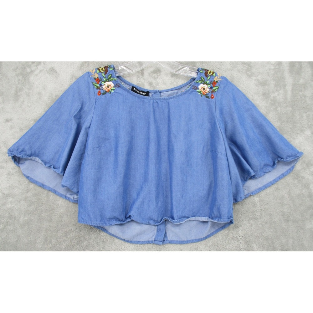 bebe Blouse Womens‎ Small Embroidered Floral Chambray Flutter Sleeve Button Boho